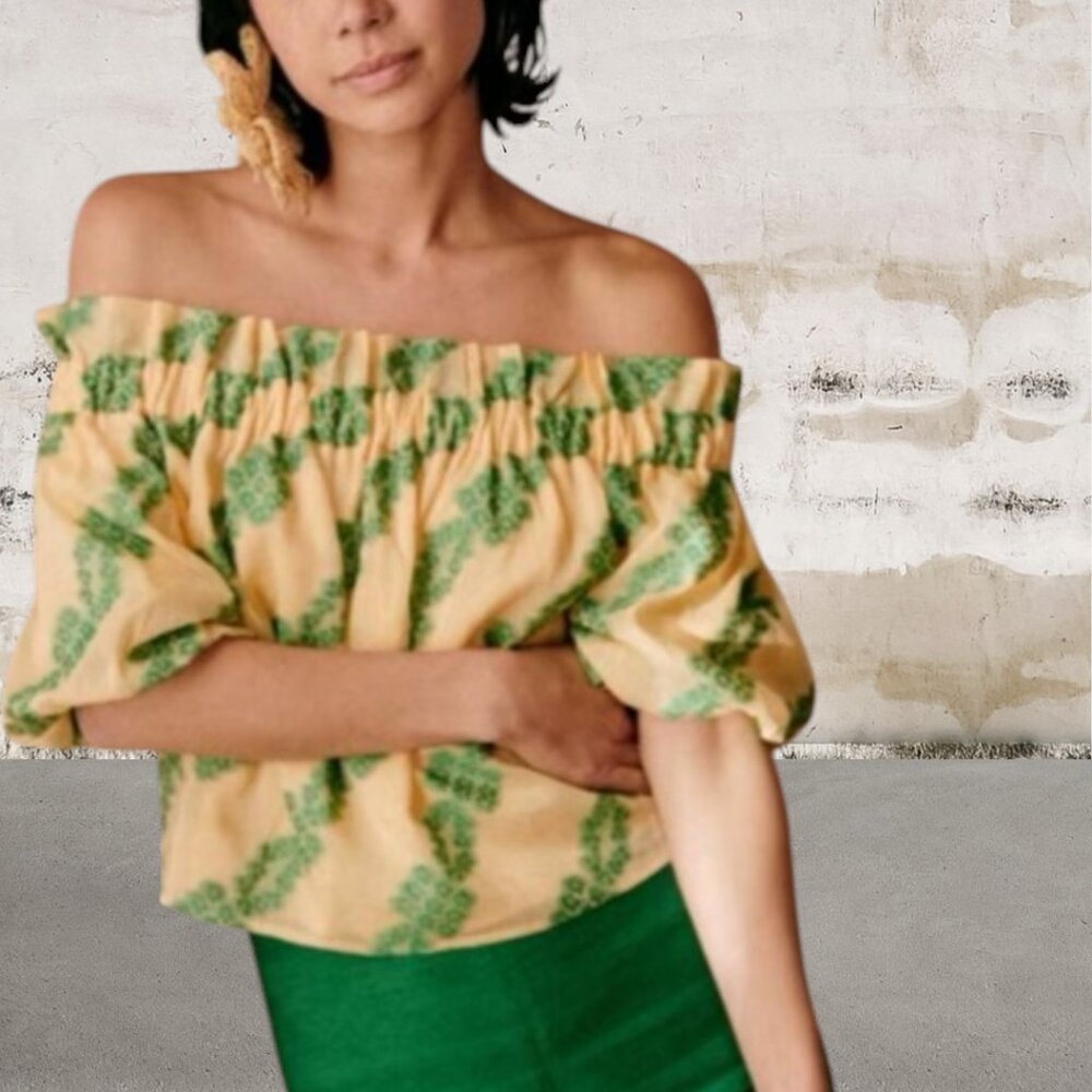 Sezane Macie Blouse Jacquard Ecru Vert - Size 36